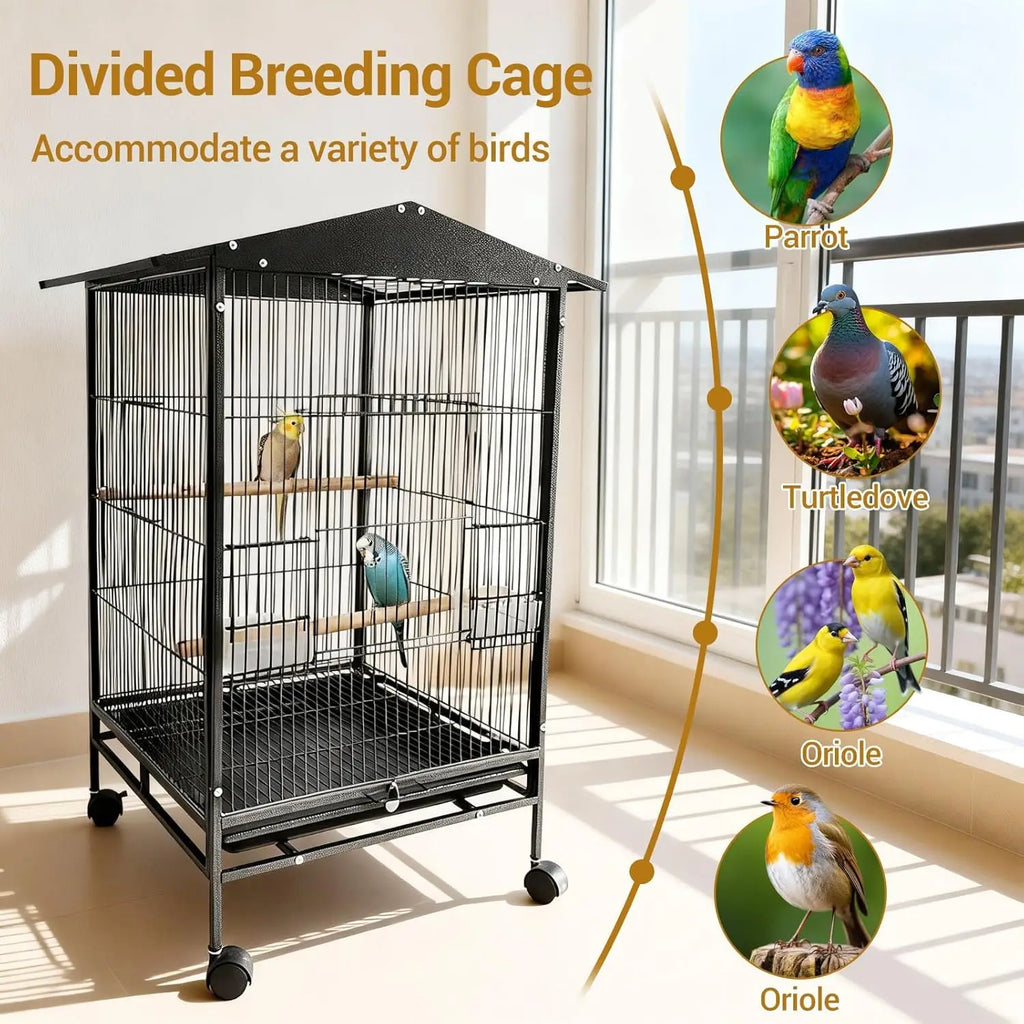 Indoor Outdoor Bird Flight Cage on Wheels Rolling Stand Tall Parrot Cage with Slide Out Tray Perches & Feeders