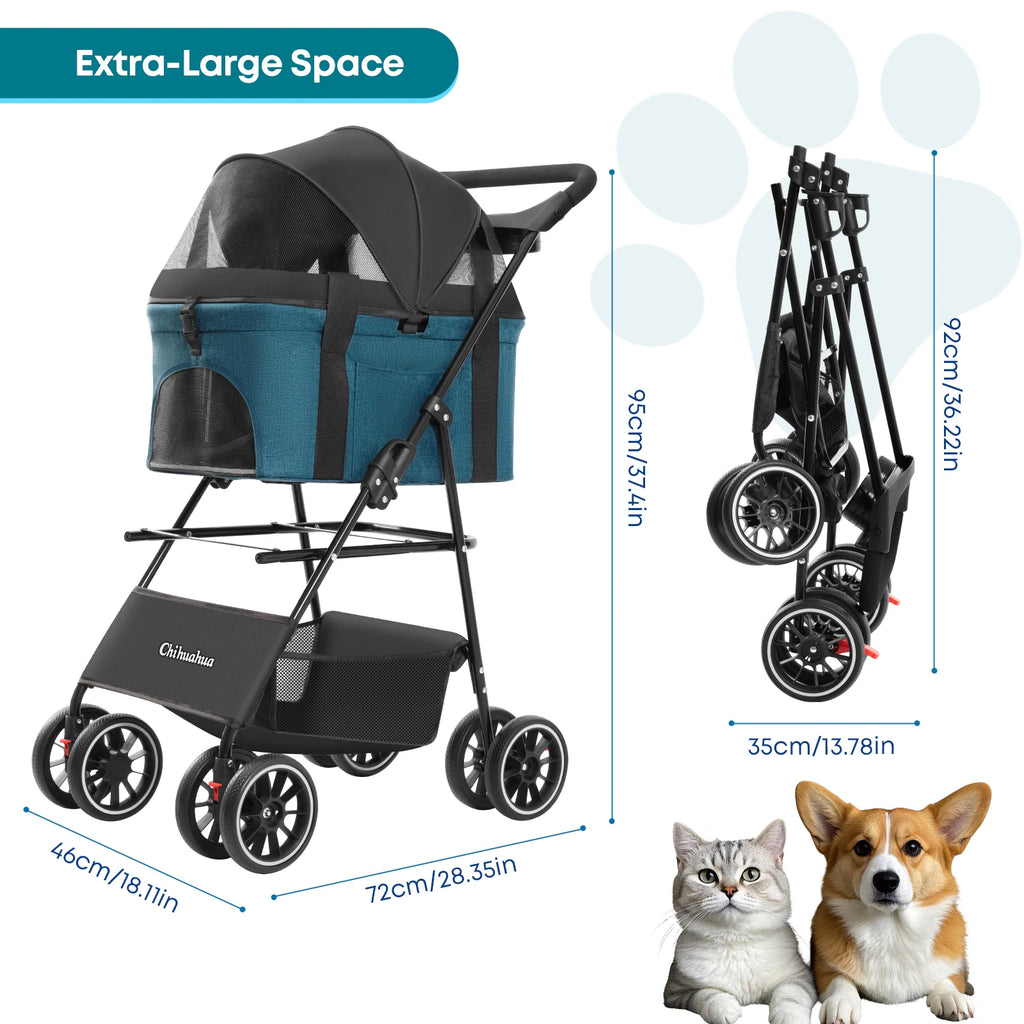 Canopy 4 Wheels Pet Strolling Cart for Small/Medium Dogs and Cats with Removable Carrier