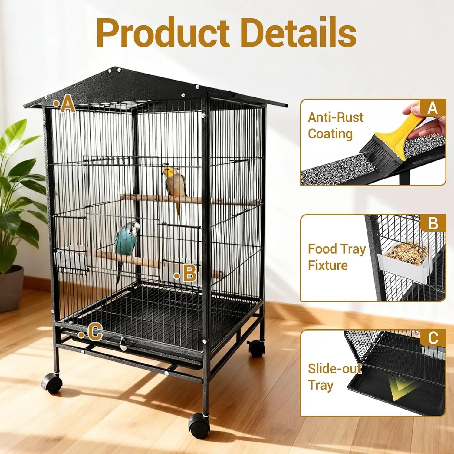 Indoor Outdoor Bird Flight Cage on Wheels Rolling Stand Tall Parrot Cage with Slide Out Tray Perches & Feeders