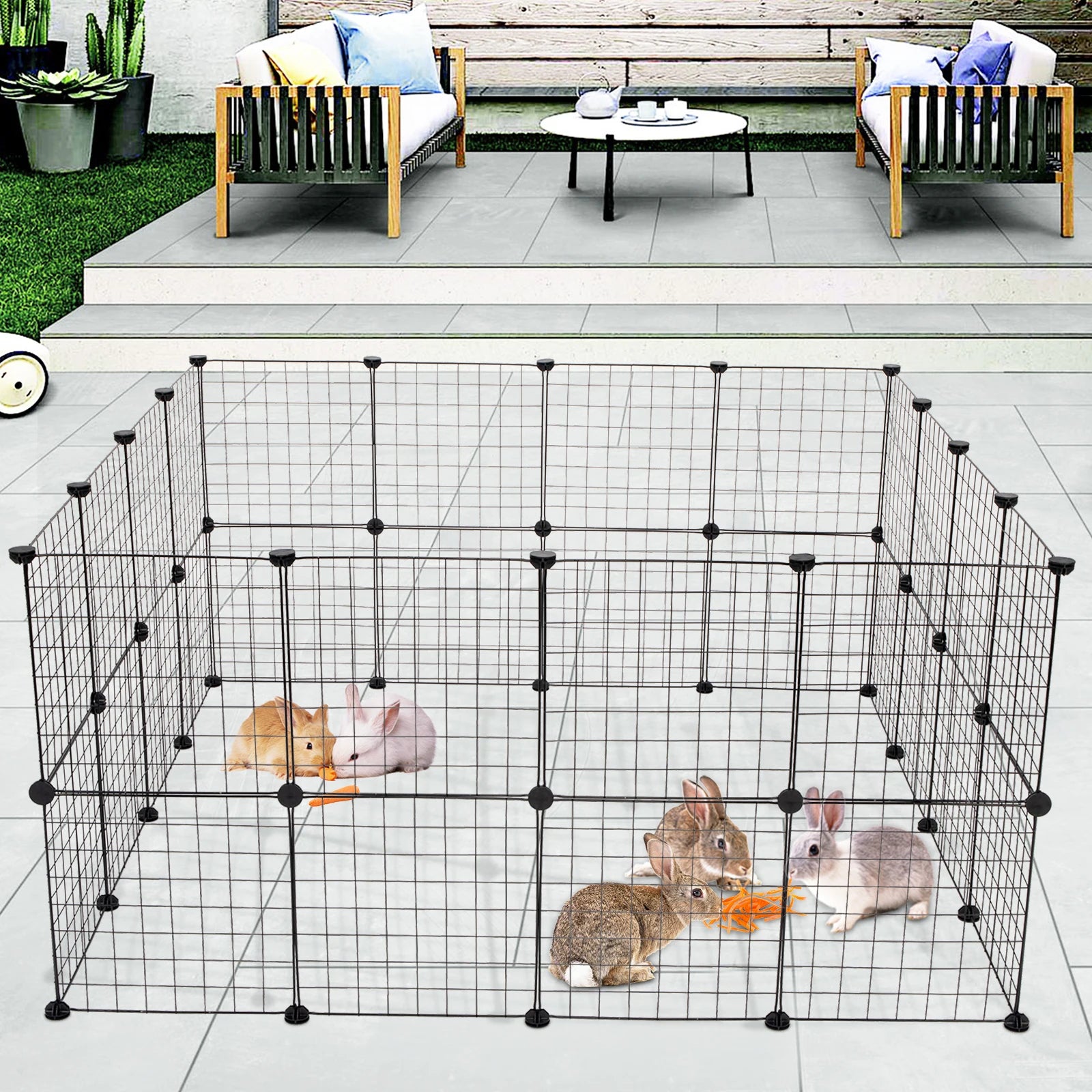Pet Playpen: 24pcs (8pcs Free) Portable Metal Wire Fence for Indoor Small Animal Cage/Tent (Black)