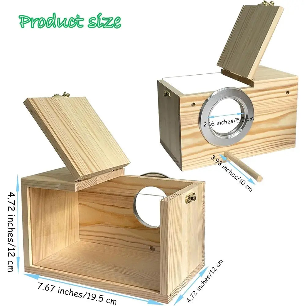 Transparent Parakeet Nesting Box, Wooden Parrot Nest Breeding Box with Perch Natural Bird House