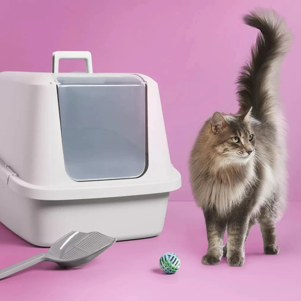 Door Flap, Covered Kitty Litter Boxes with Top Handle, BPA Free Large Litter Pan with Lid