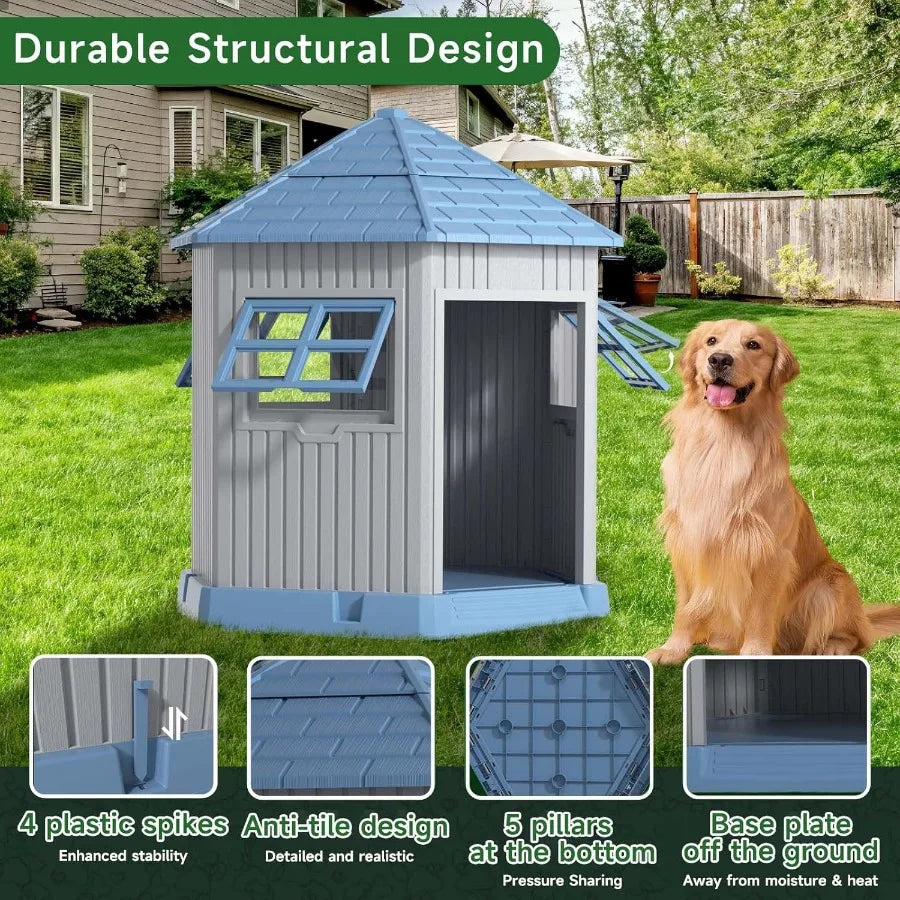 Dog House Outdoor Resin Puppy Shelter with Air Vents and Elevated Floor Sturdy Durable Waterproof Dog Kennel
