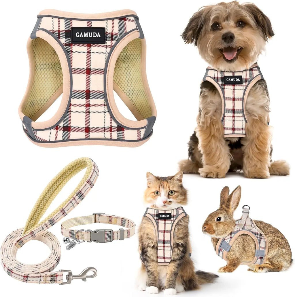 Small Dog Harness Collar Leash Set, Step-in No Pull Adjustable Mesh Vest with Reflective Plaid