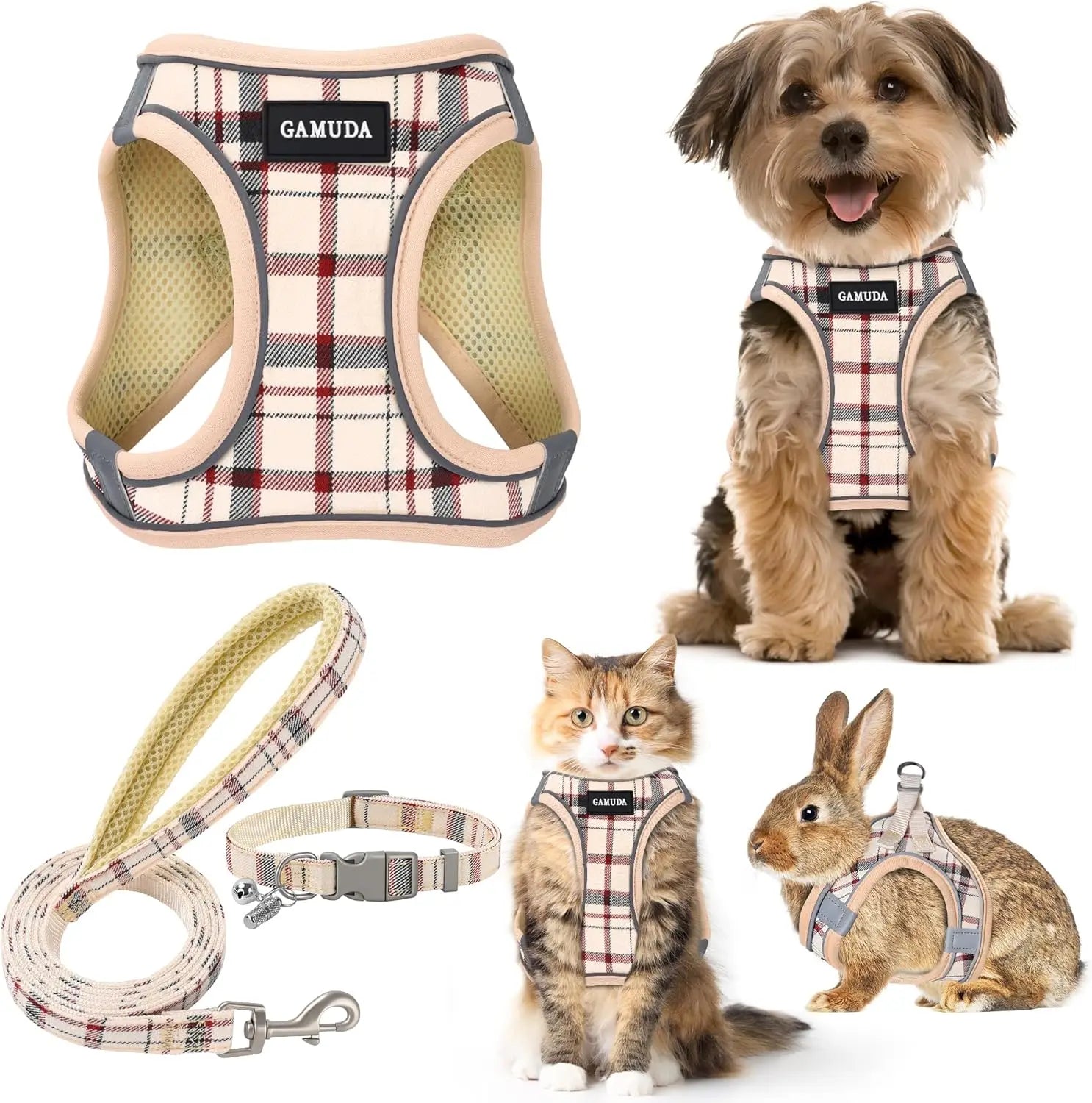 Small Dog Harness Collar Leash Set, Step-in No Pull Adjustable Mesh Vest with Reflective Plaid