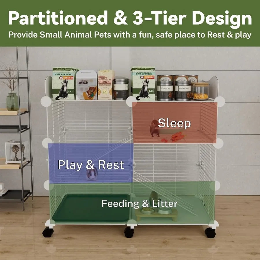 Spacious Indoor Guinea Pig Cages on Wheels with 3 Tier Design and CC Structure Includes Top Cover and Removable Tray