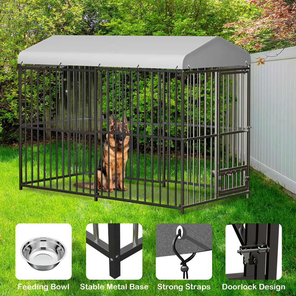 Heavy Duty Outdoor Dog Kennel with Roof Large 8x4x6FT Galvanized Metal with Secure Lock UV Water-Resistant Black Cover