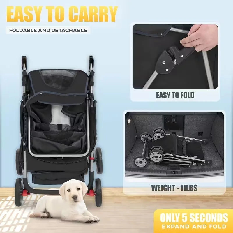 4 Wheel Stroller, Folding Carrier Waterproof Puppy Removable Liner for Small Medium Dogs Cats