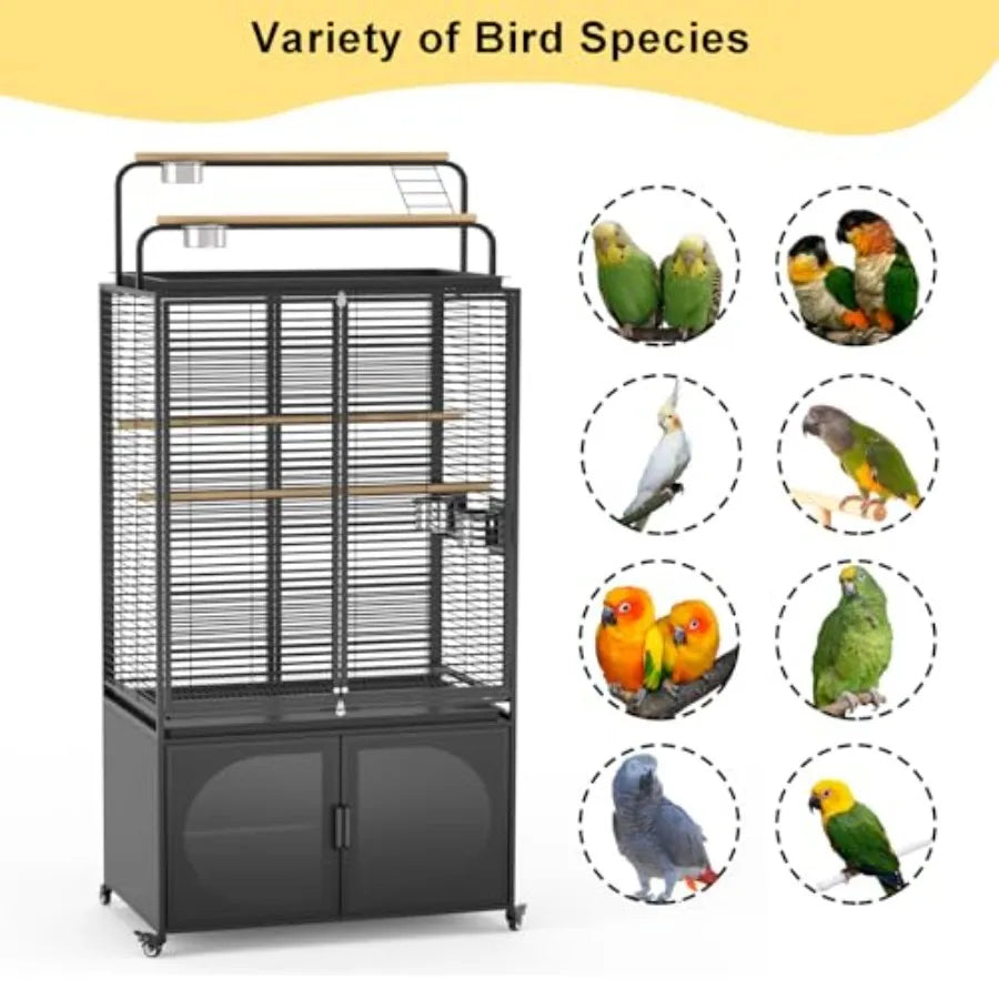 72-Inch Large Bird Cage with Play Top and Rolling Storage Cabinet Extra Spacious Covered Aviary Suitable for Parrots Cockatiels
