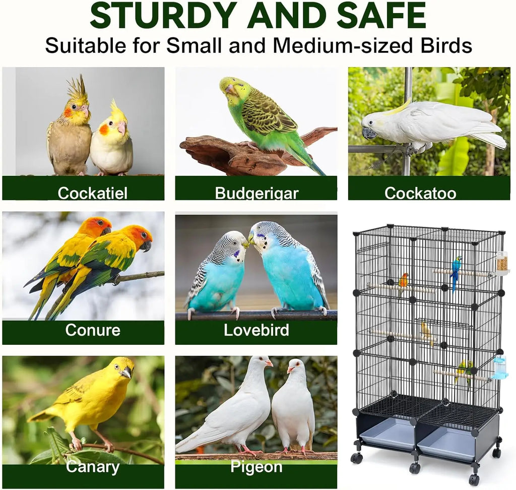 46-Inch Spacious Cage with Wooden Perches, Slide-Out Tray, Water Bottle & Feeder for Parrots and Small Birds