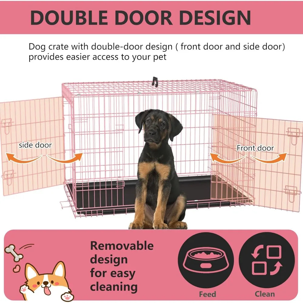 Extra Large Dog Crate with Double Door, 48 Inch Folding Metal Wire Cage, Removable Tray