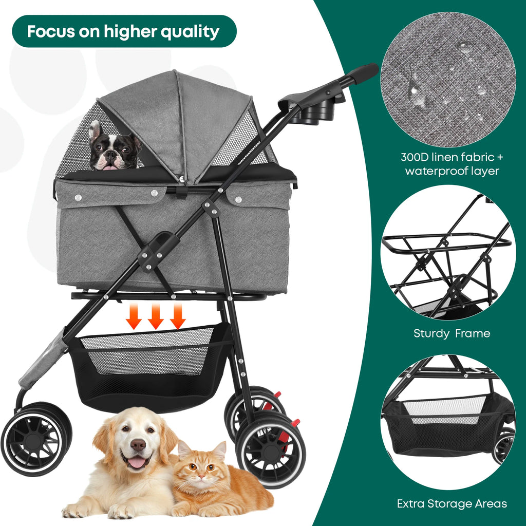 Portable Dog Stroller 3 Wheels for Small Medium Dogs Foldable Pet Travel Carriage Stroller