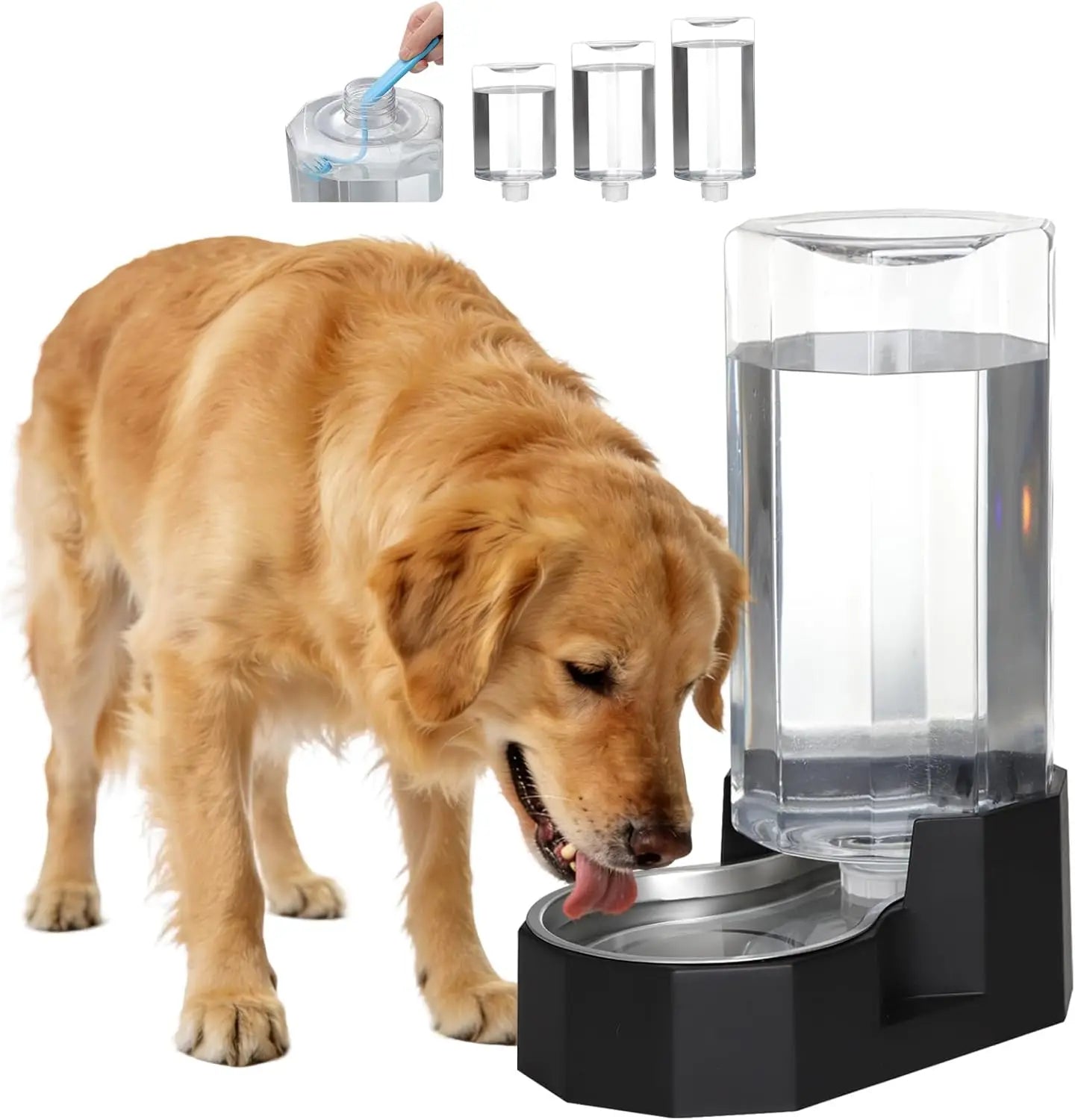 Large Automatic Pet Water Dispenser: 9L Gravity Feeder with Brush for Multiple Dogs - Supports Spinal Health