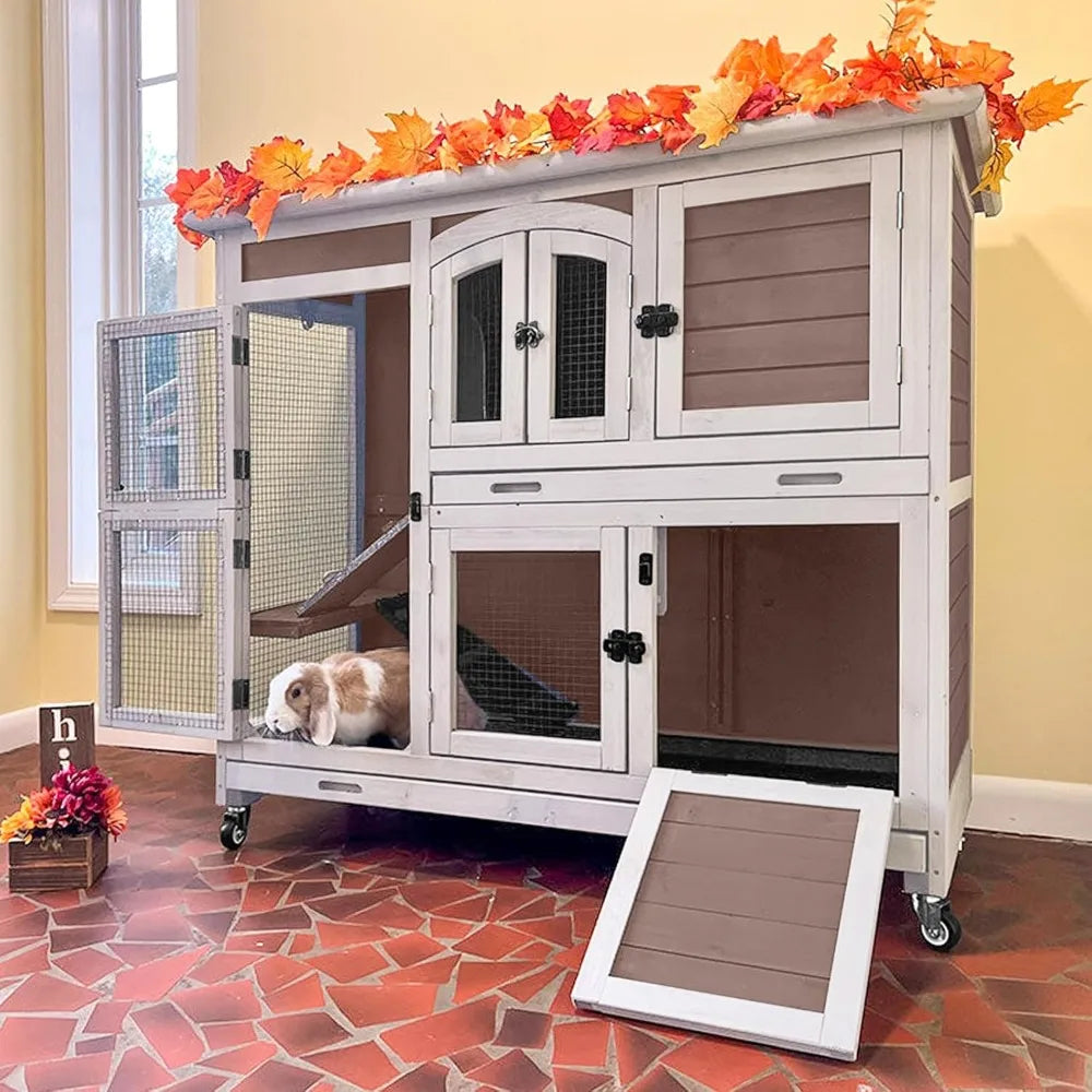 Rabbit Hutch Indoor Bunny House Guinea Pig Cage with Sliding Plastic Trays, Wheels & Ramp, Multi-Door