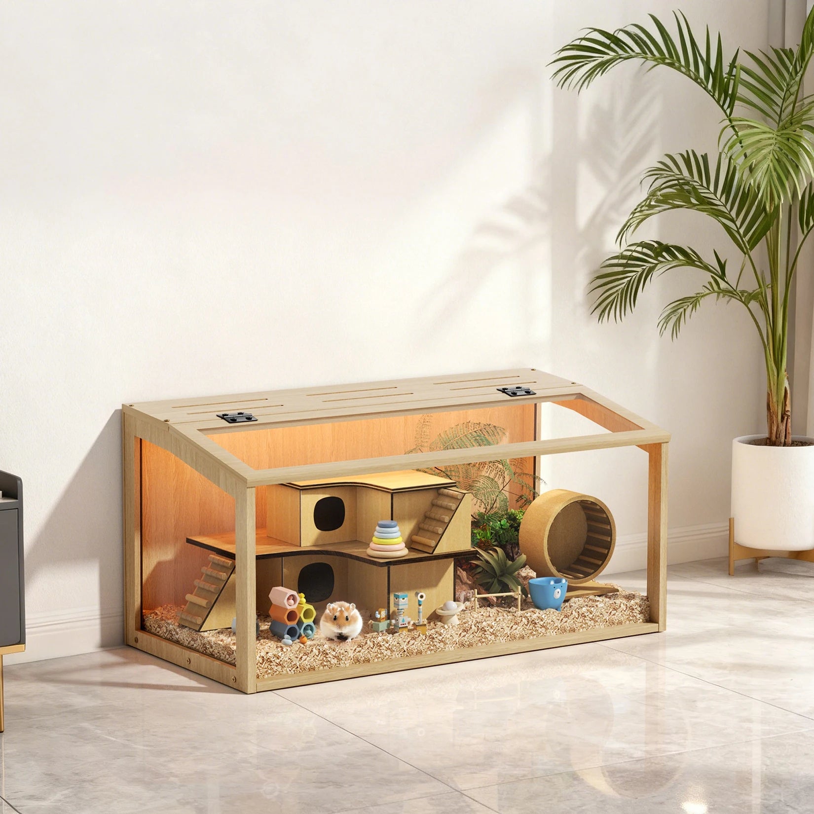 Guinea Pig Cage Clear Small Animal cage with Open top Hamster Habitat Wooden Frame Tempered Glass Panels