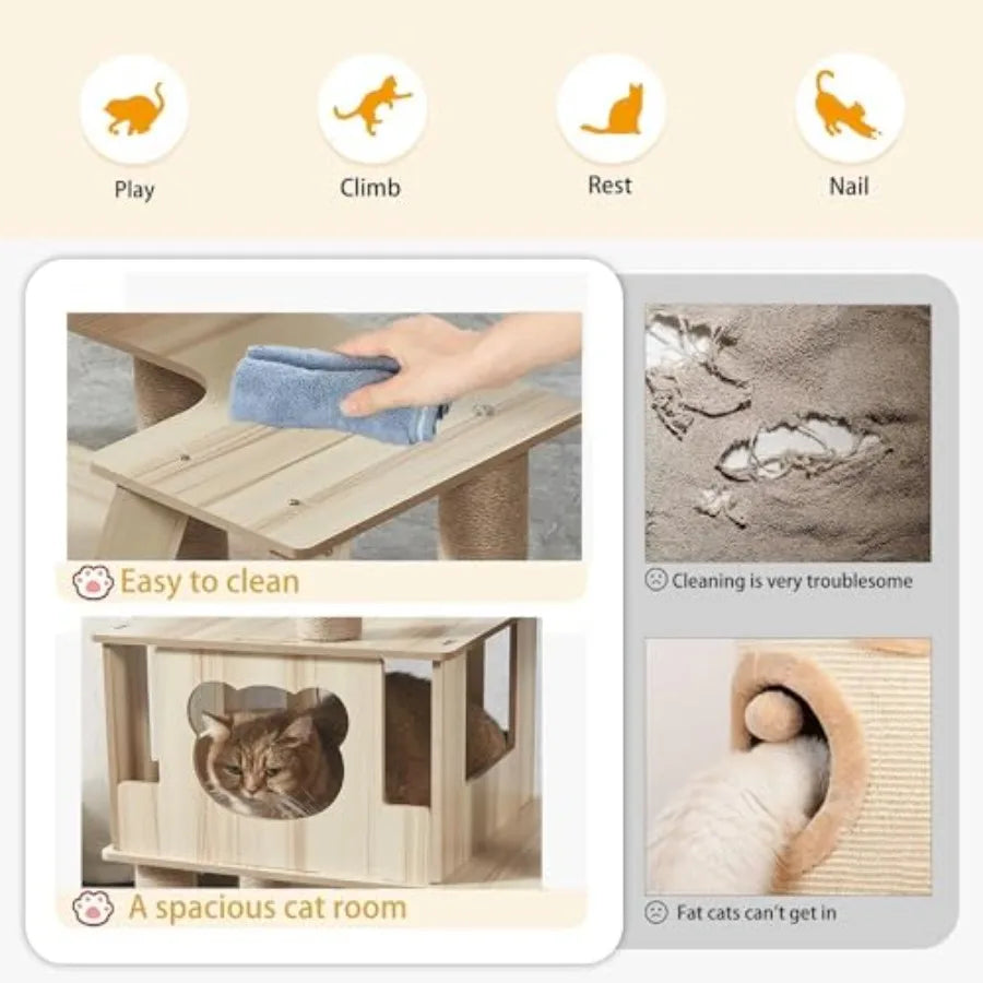 65-Inch Multi-Purpose Wooden Cat Tree Tower with Condo Design Featuring 13 Scratch Posts Padded Platform Bed