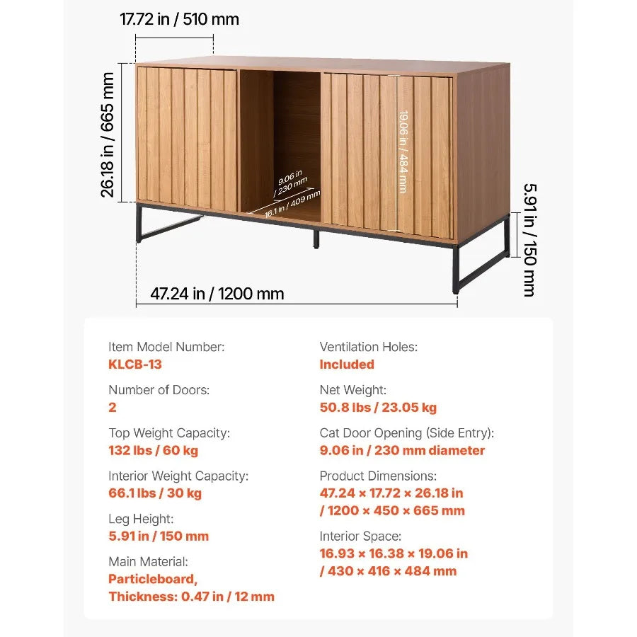 Cat Litter Box Enclosure Furniture, 47.2 in Hidden Litter Box Cabinet with Scratch Pad & Storage, Waterproof Cat Washroom