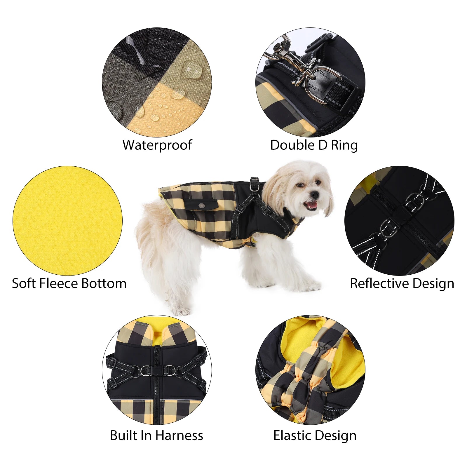 Plaid Thicken Padded Pet Dog Jacket With Harness For Cold Weather Windproof Winter Dog Jacket Coat