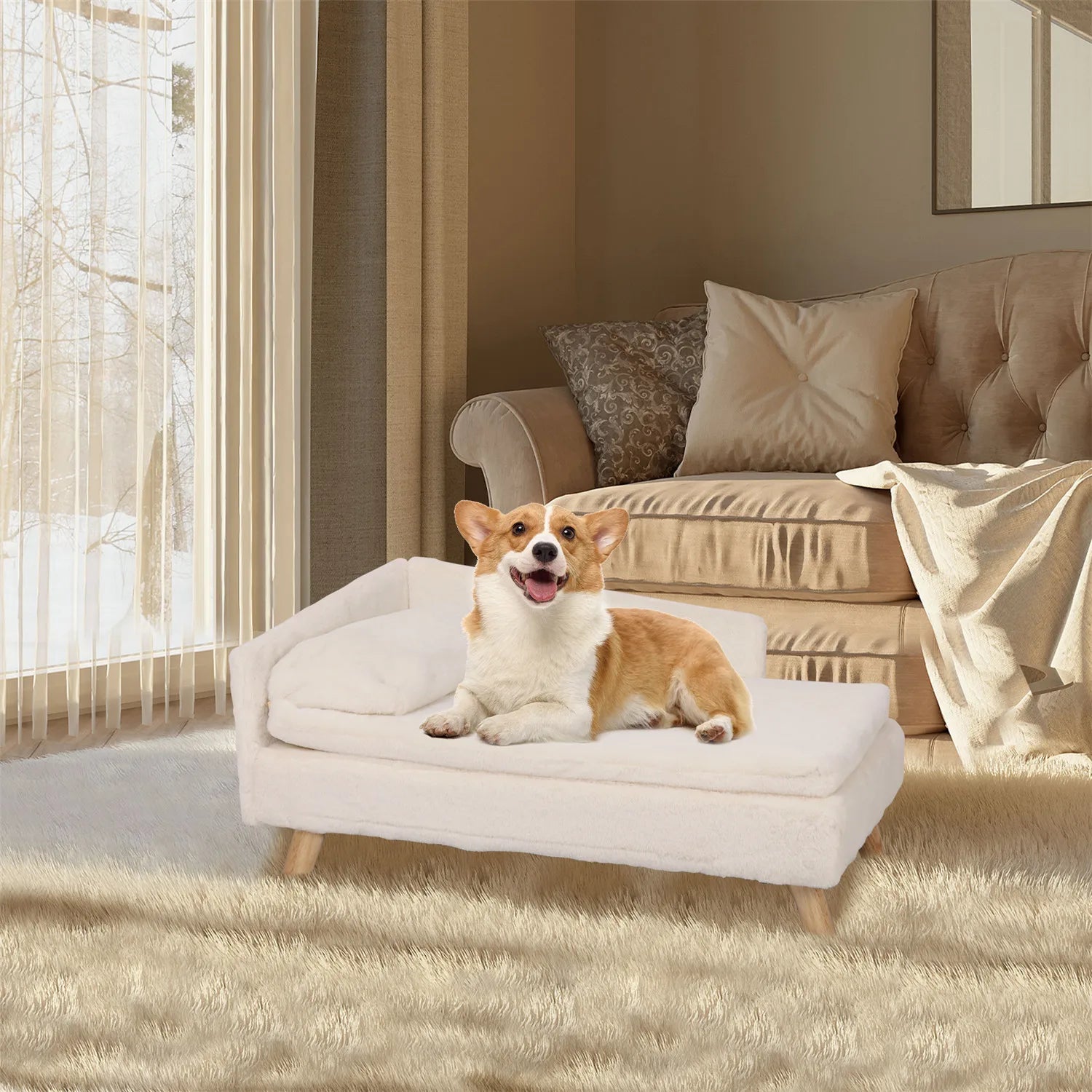 Elevated Pet Bed,Nordic Pet Stool Bed with Cozy Pad Waterproof, Pet Sofa Bed with Sturdy Wood Legs