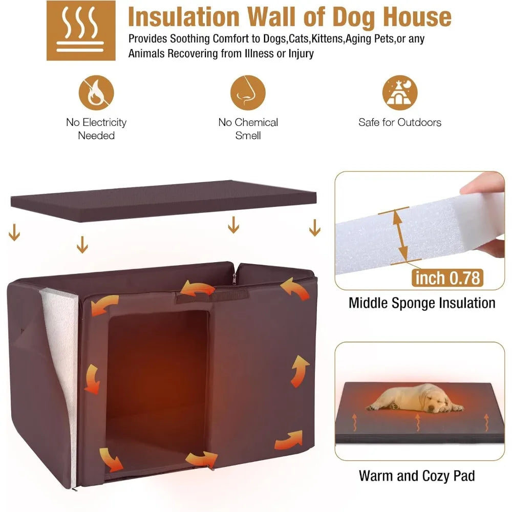 Winter, Outdoor Dog Kennel with Insulated Liner, Heater Puppy Shelter with Anti-Bite Iron Frame