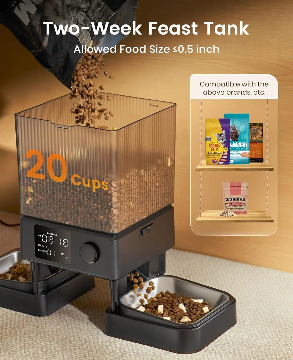 Automatic Cat Feeder for Two Cats, 5L Capacity with Timed Dispensing for Dry Food