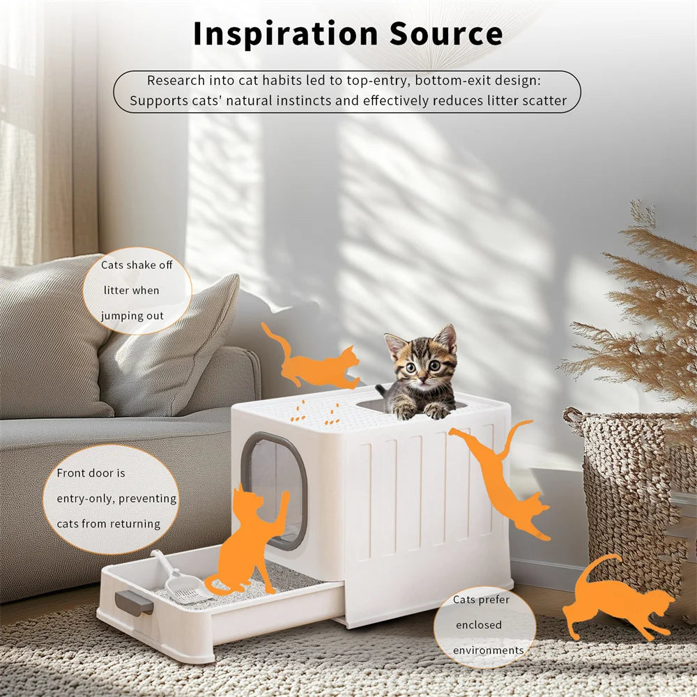 Cat Litter Box Tray Hood Covered Large Entrance Front and Top Access with Lid toilet Scoop