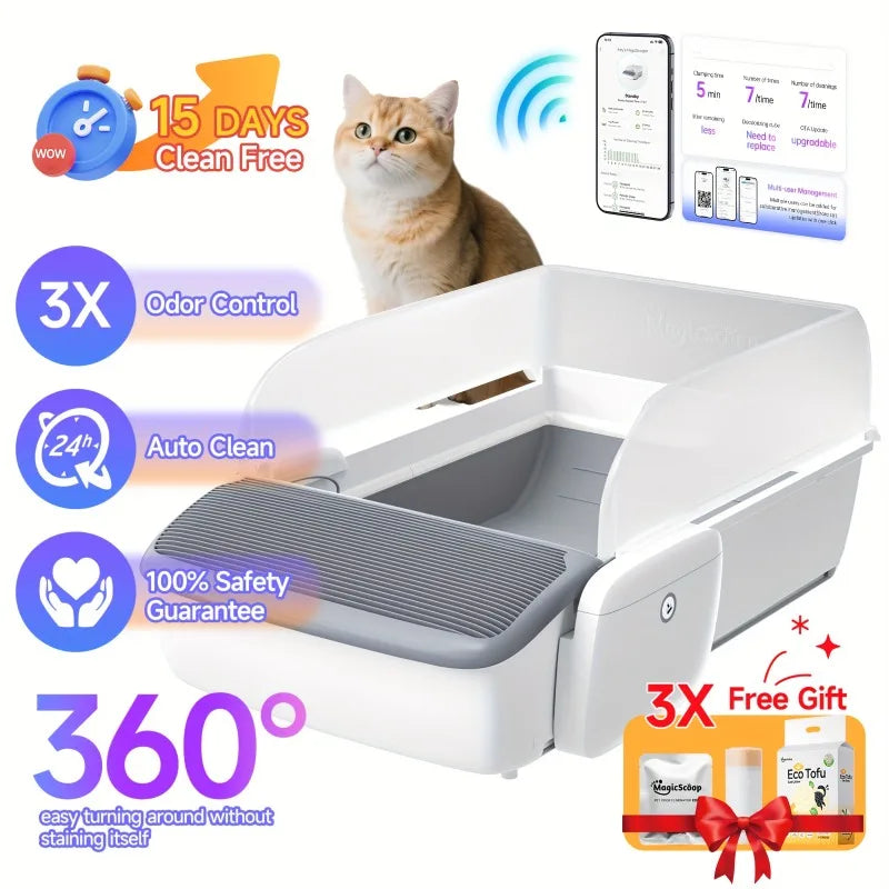 Self Cleaning Automatic Cat Litter Box Robot Open Top Large Capacity App Control Anti Pinch Odor Free