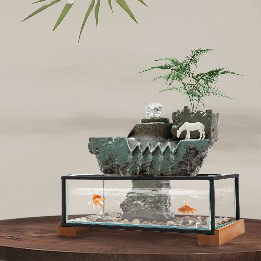 Clear Tabletop Eco Fish Tank Water Fountains,Rectangular Indoor Water Fall Decor for Meditation with Mist
