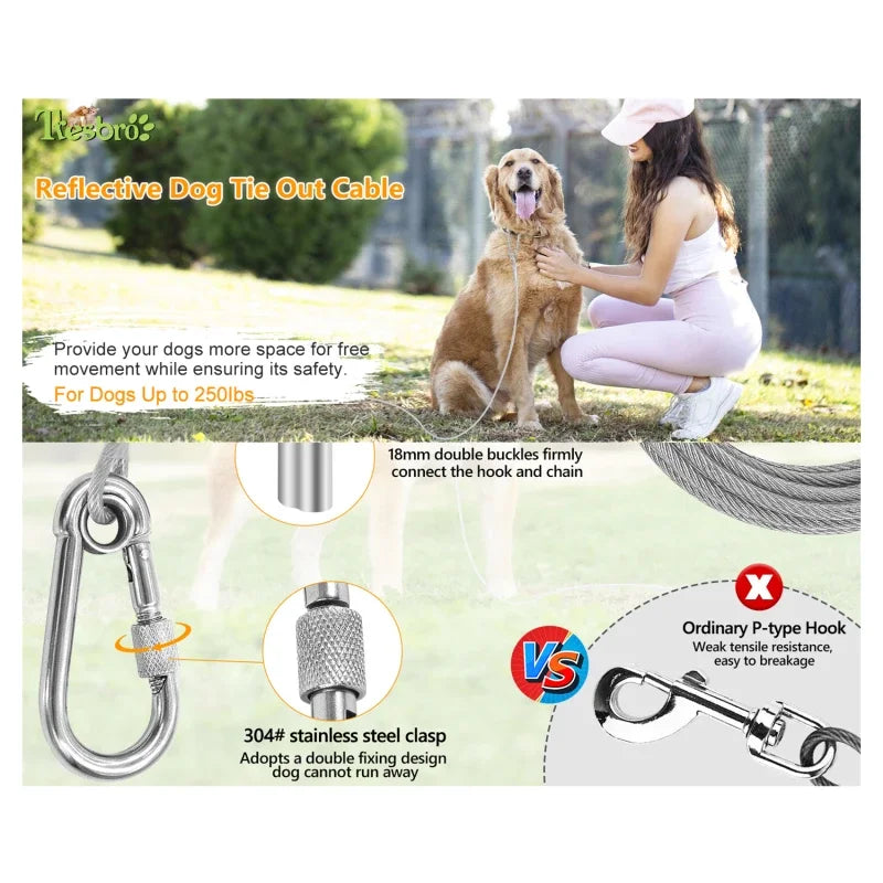 Double-headed Dog Tie Out Cable Leash with metal buckle steel wire anti-rust training