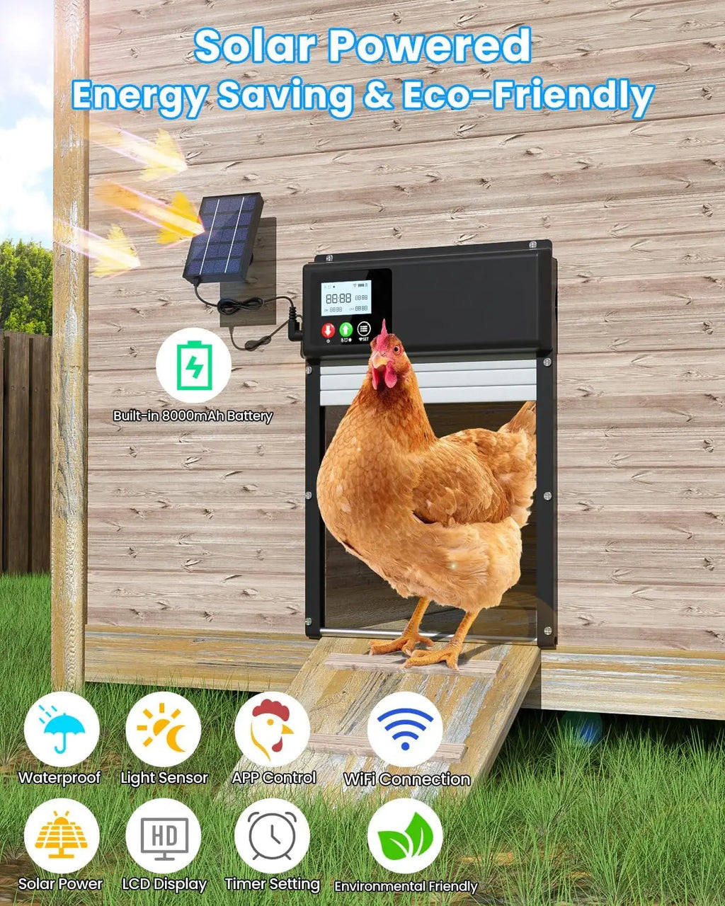 WiFi remote control automatic chicken coop door opener solar powered with 8000mAh battery, timing and light sensor settings