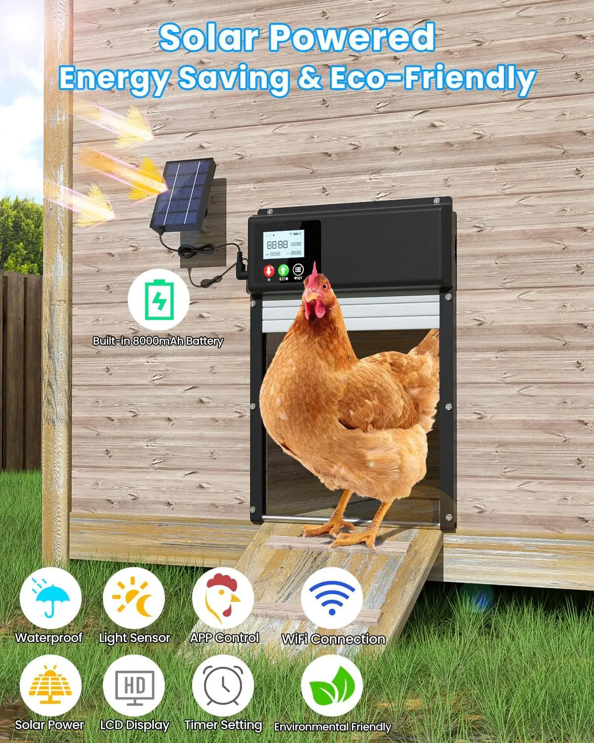 WiFi remote control automatic chicken coop door opener solar powered with 8000mAh battery, timing and light sensor settings