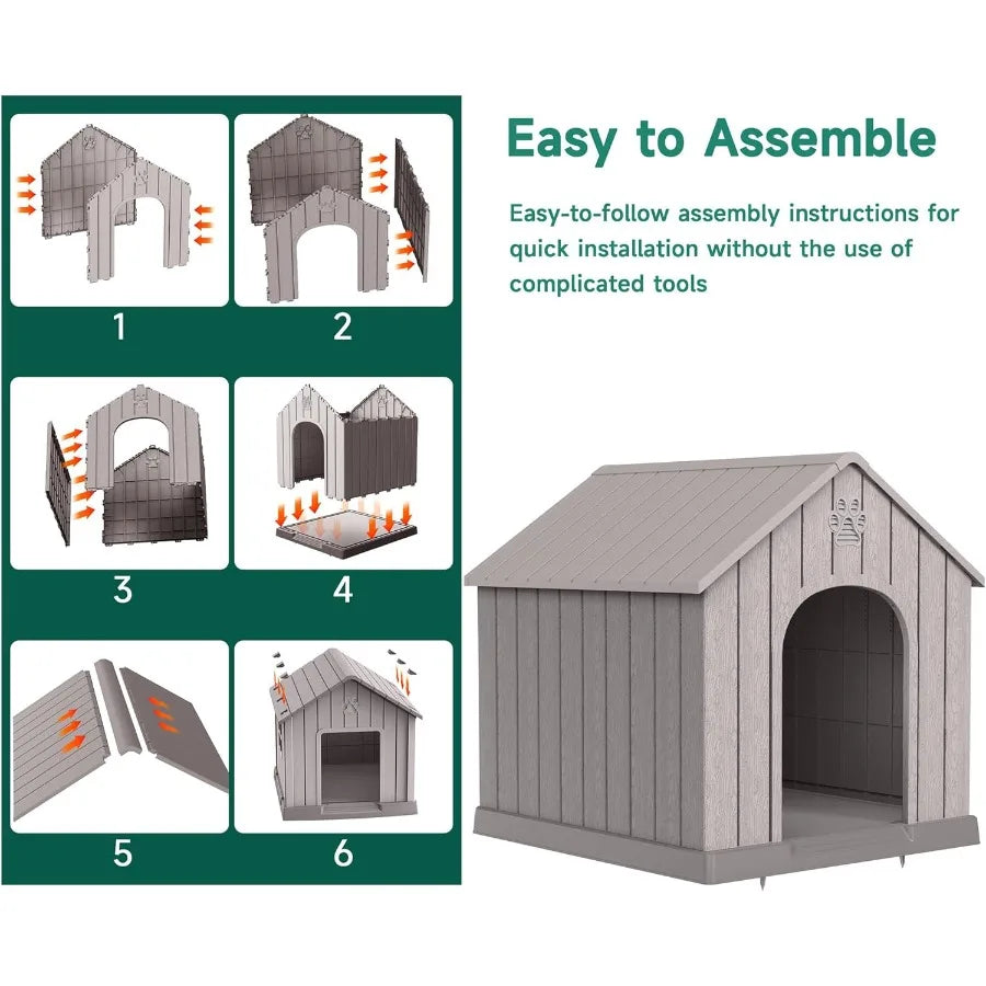 Dog House Outdoor Indoor Dog Kennel Weatherproof Resin Shelter with Air Vents and Elevated Floor for Small Medium Large