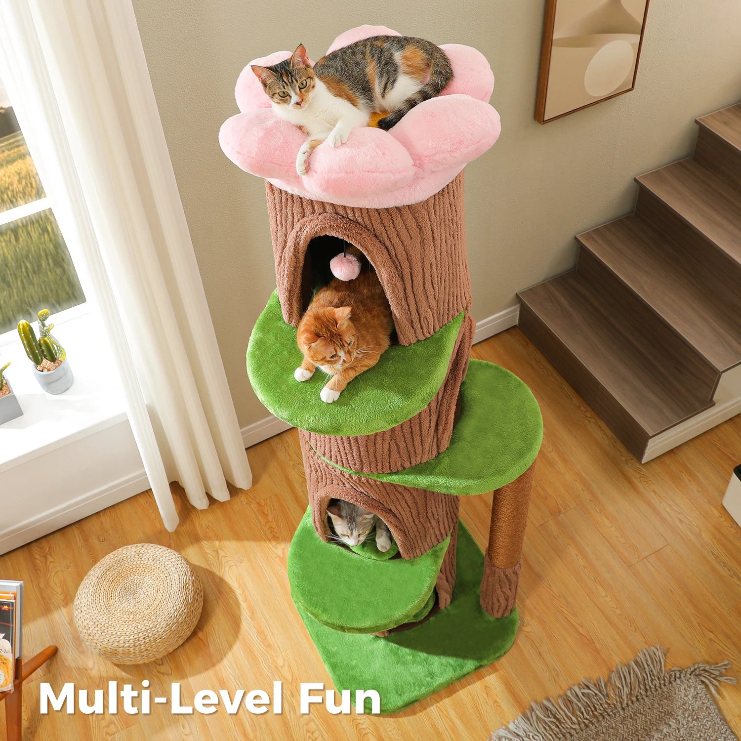 Tall Cat Tower Forest Cat Tree with Flower Top Perch,Thick Scratching Post,4 Cozy Condos Suitable for Large Heavy Cats
