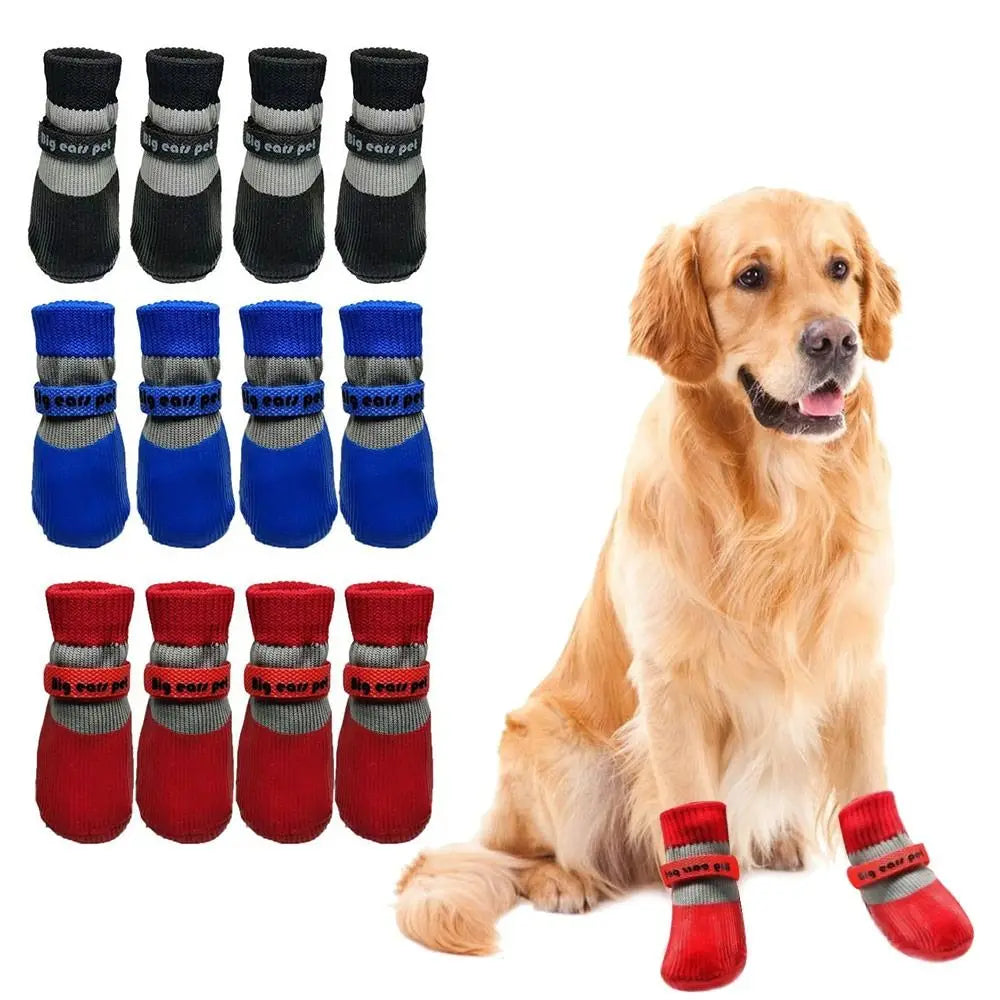 4PCS Cute Waterproof Winter Dog Shoes Warm Anti-Slip Dog Snow Shoes Soft Sole Adjustable