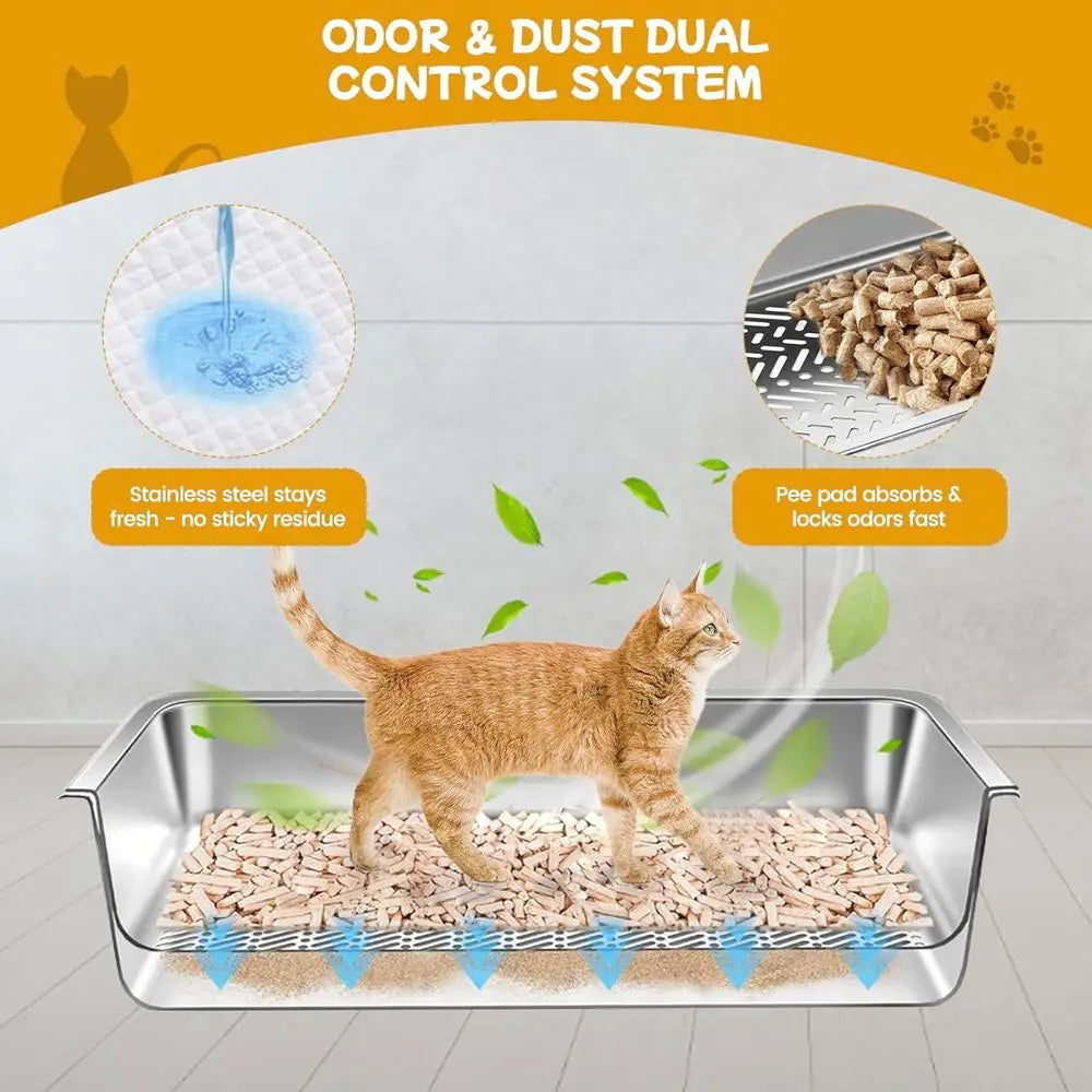XXL Stainless Steel Sifting Cat Litter Box, 23.6x15.7x8, Large Metal Pan for Pine Pellets
