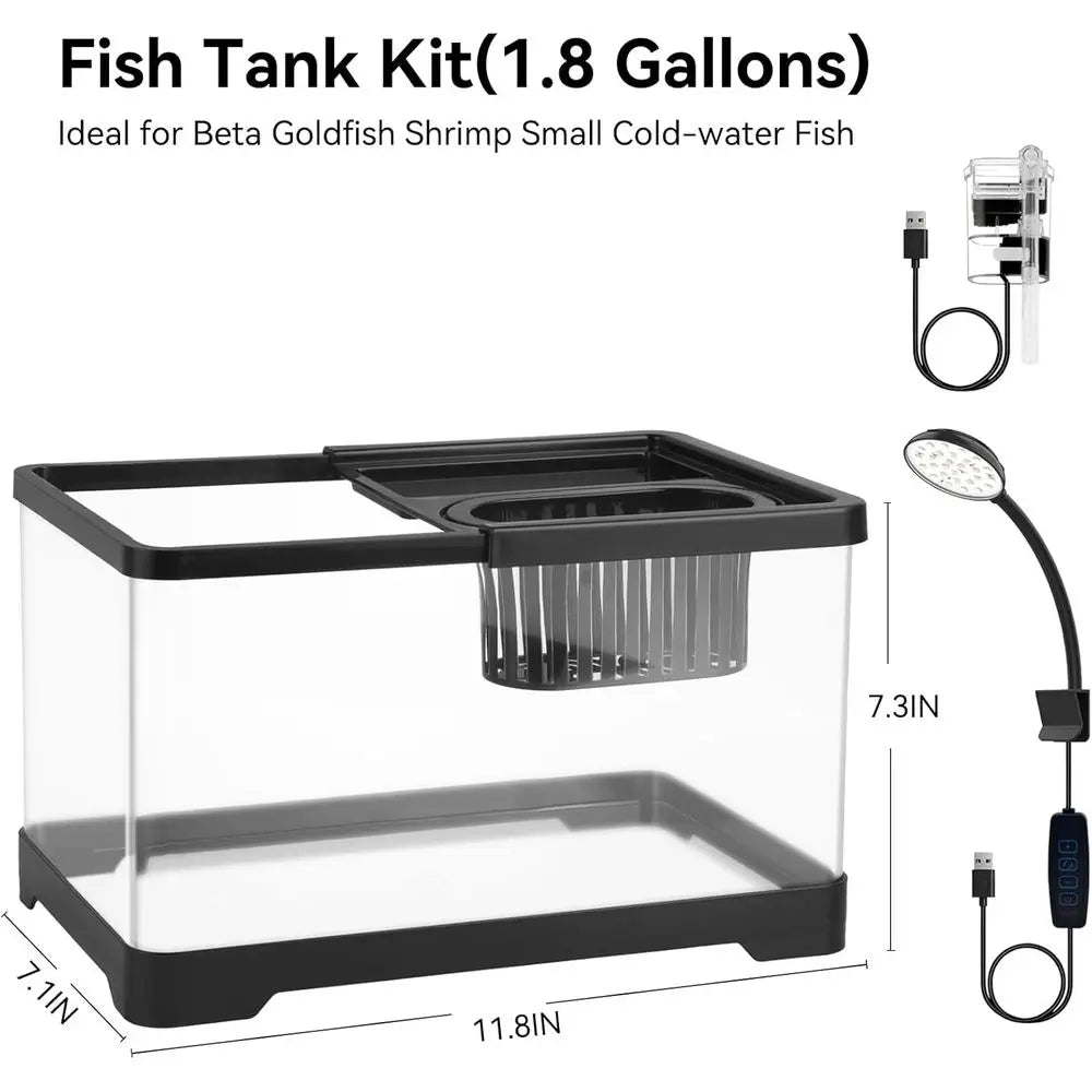 1.8 Gallon Aquarium Kit - Clear Small Fish Bowl Starter with LED Light, Water Filter Pump, Hydroponic Basket