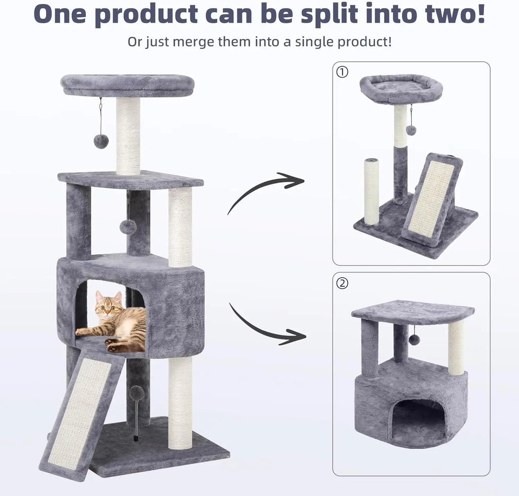 45in Multi-Level Cat Tree Tower with Scratching Post, Board, and Toys for Small Spaces, Grey
