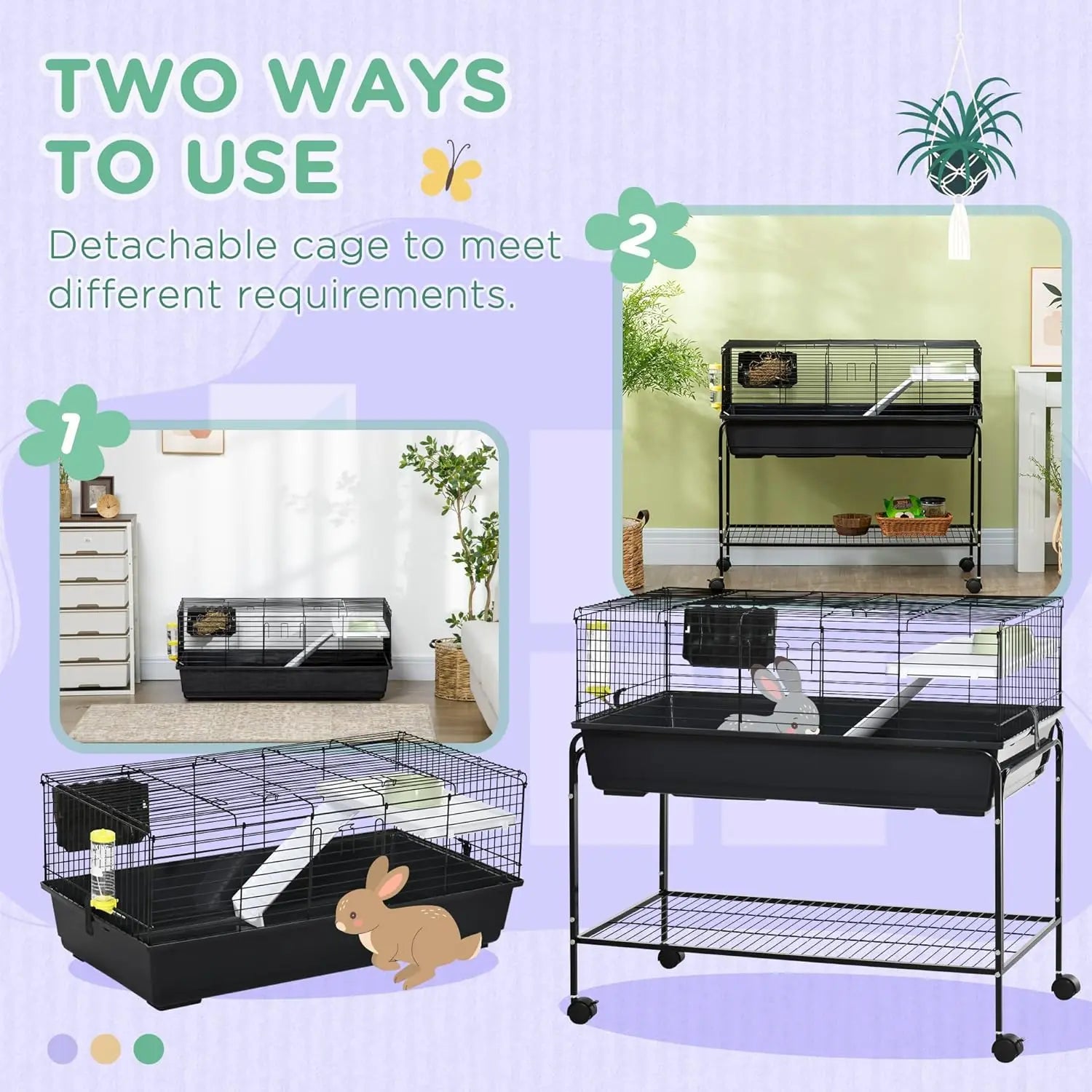 Two-Story Small Animal Cage Removable from Stand ,with Shelf & Wheels, Pet Habitat