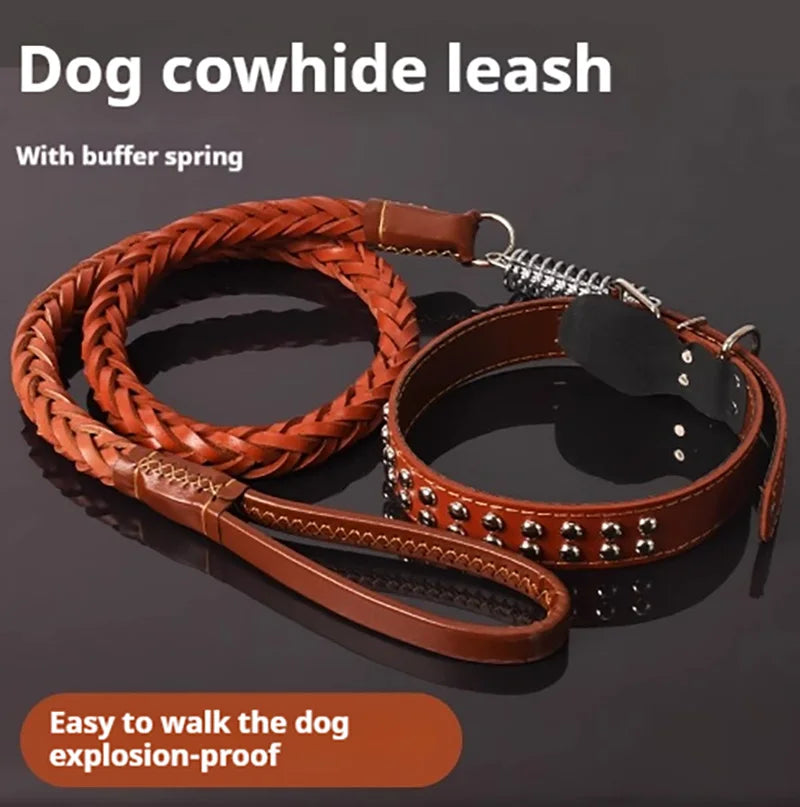 5-Foot Genuine Dog Leash with Cowhide Collar - Dog Walking Rope for Medium & Large Dogs
