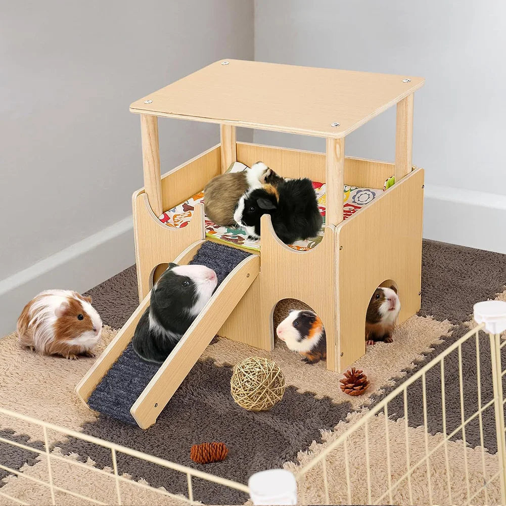 2-Tier Guinea Pig Castle Wooden House with Stairs Habitat Hut for Hamsters Bunny Chinchillas