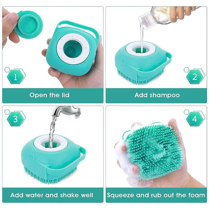 Pet Bath Massage Brush with Shampoo Dispenser - 2-in-1 Grooming Tool for Dogs & Cats