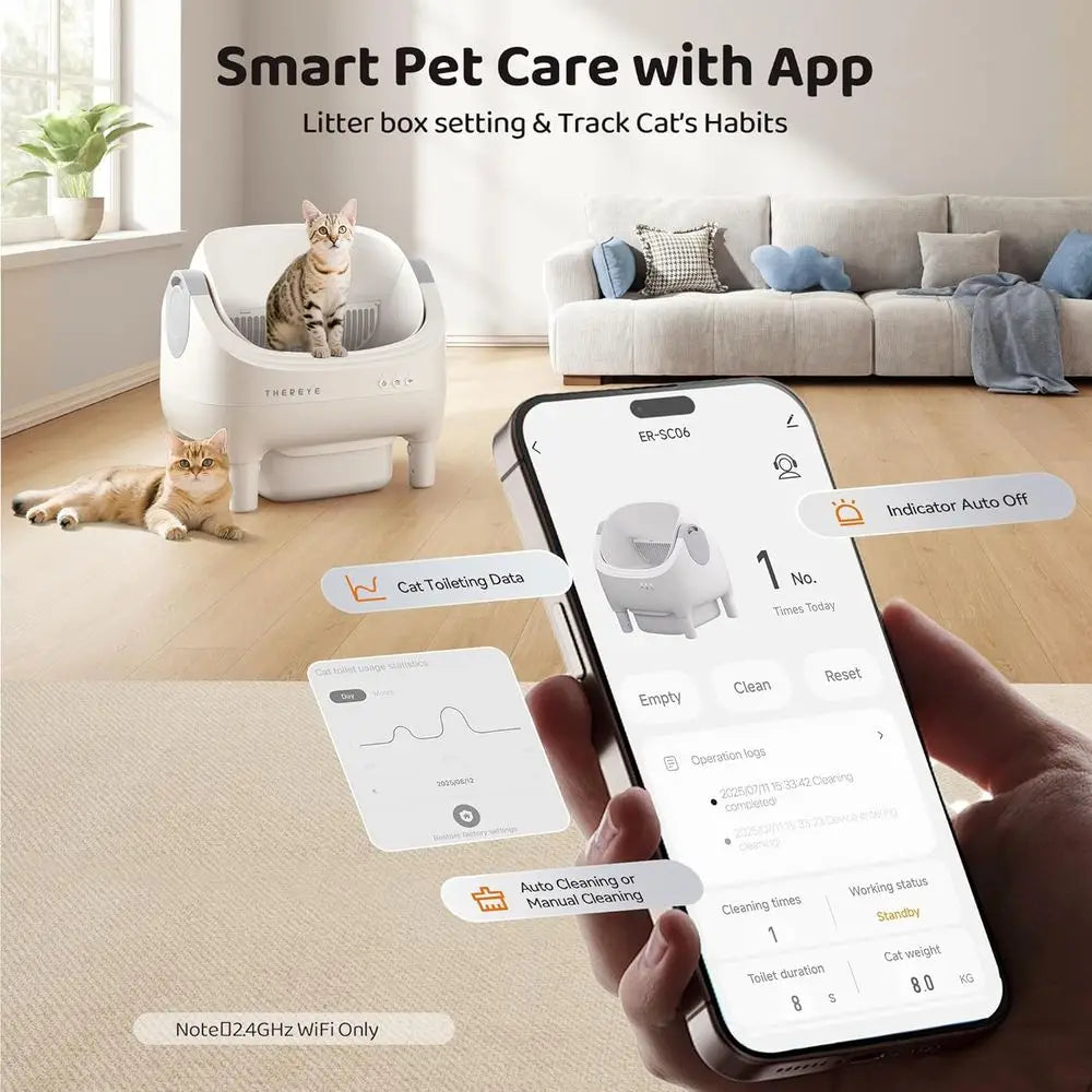 App-Controlled Open-Top Self-Cleaning Litter Box, 10L Capacity with Safety Sensor for Multiple Cats