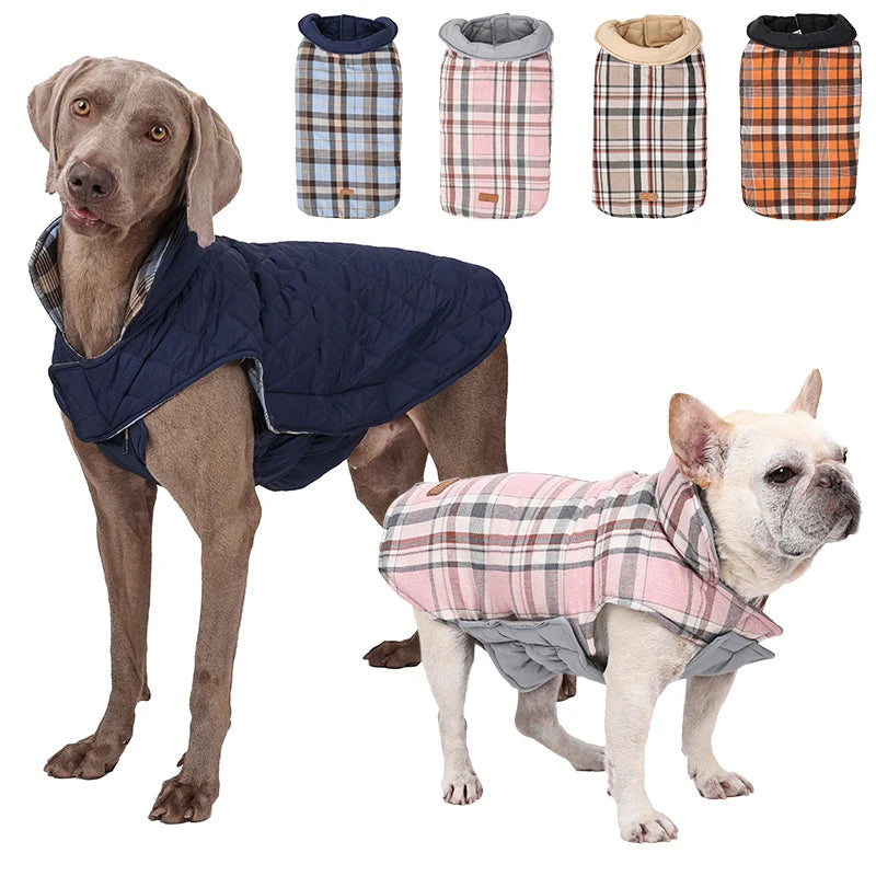 Reversible Dog Jacket Winter Dog Clothes Waterproof Checked Soft Quilted Coat for Small Large Dogs