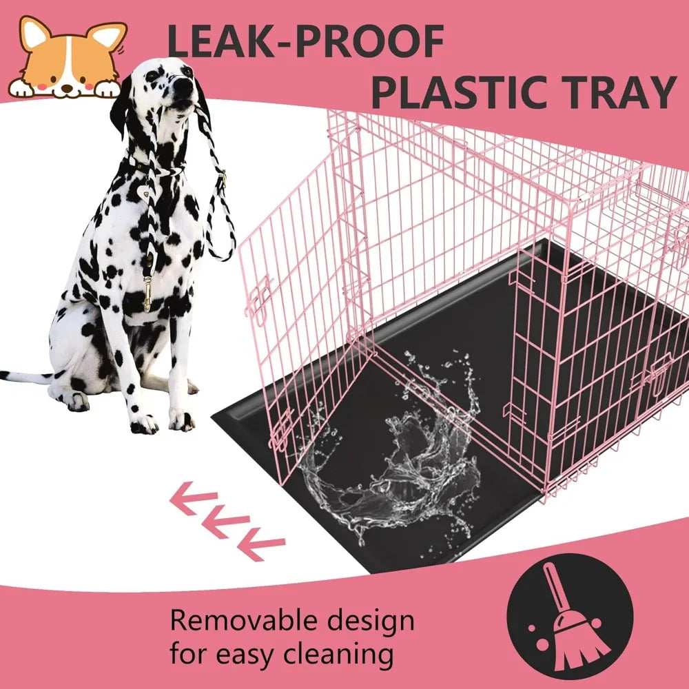 Extra Large Dog Crate with Double Door, 48 Inch Folding Metal Wire Cage, Removable Tray