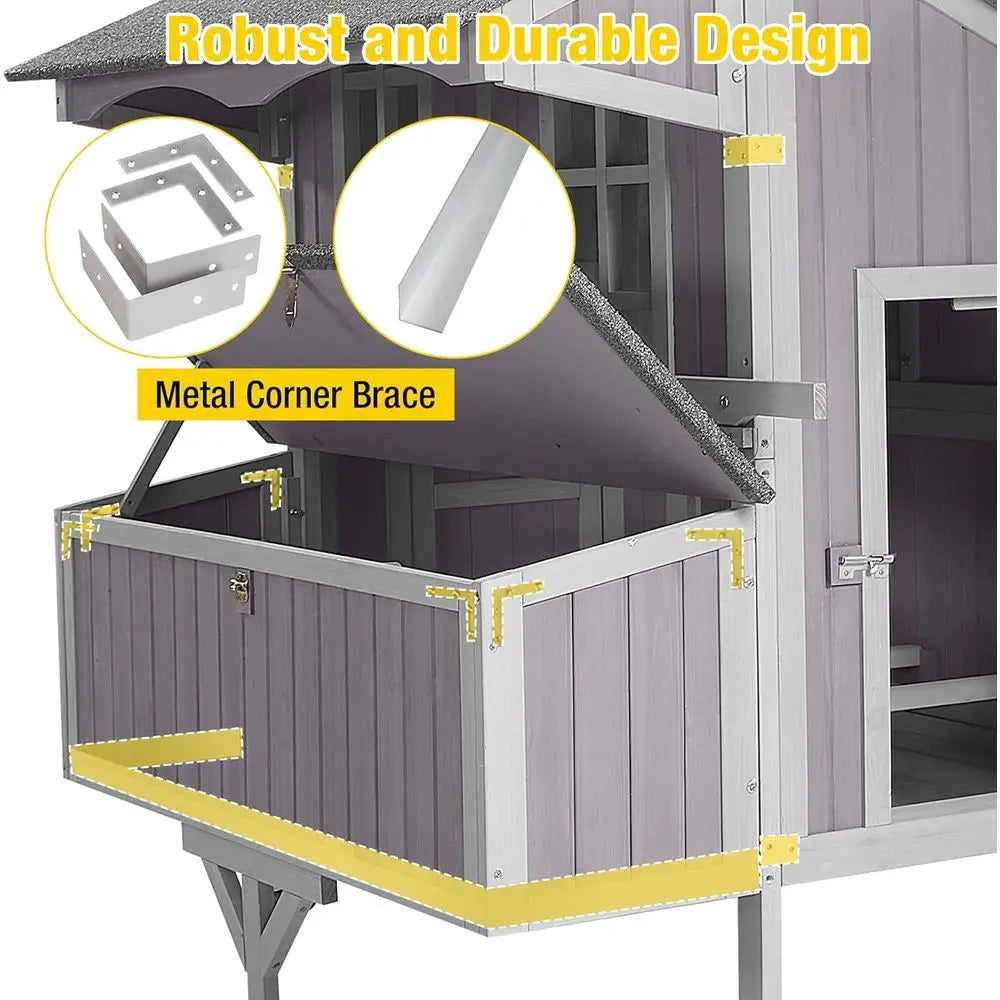 Outdoor Mobile Hen House with Large Wheels - Durable Wooden Cage for 3 Nesting Boxes or 2-6 Chickens,