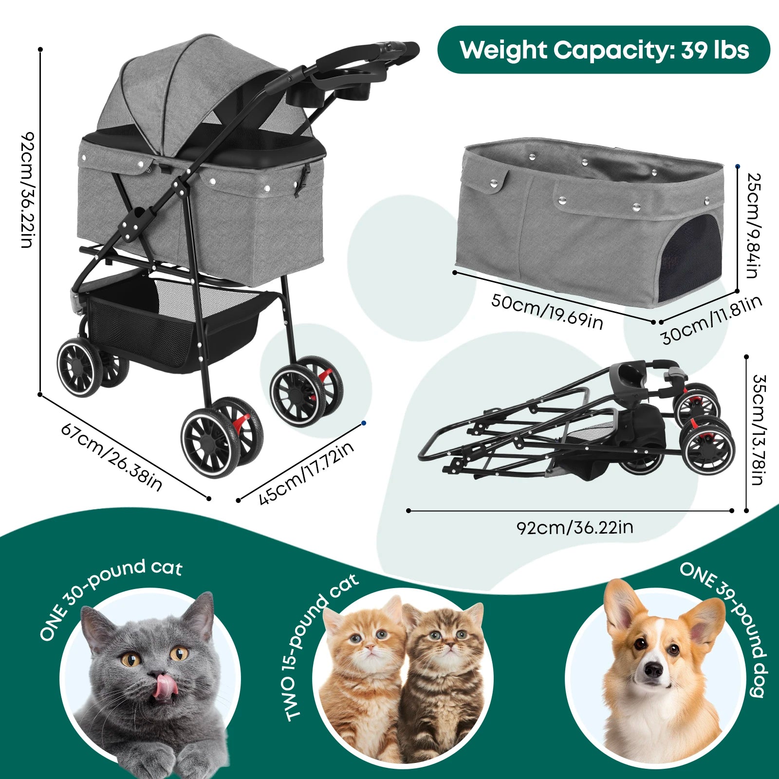 Portable Dog Stroller 3 Wheels for Small Medium Dogs Foldable Pet Travel Carriage Stroller