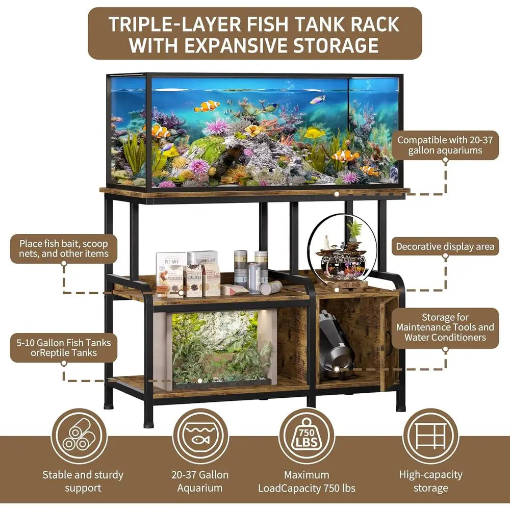 3-Level Heavy-Duty 29 Gallon Aquarium Stand with Storage, 750 lbs Capacity, Retro Brown