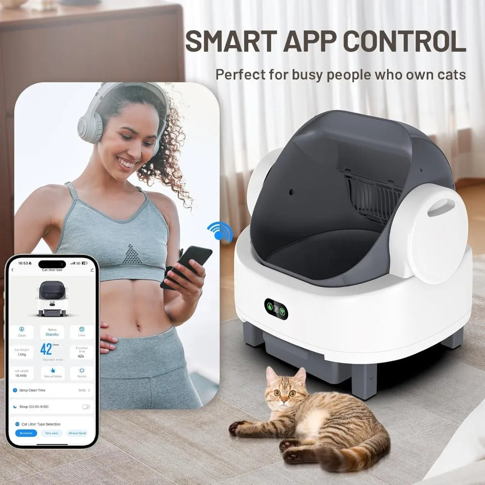 Automatic Cat Litter Box smart APP Control, Triple Safety Sensors,Odor-Free,1 Roll Bags & 1 Mat