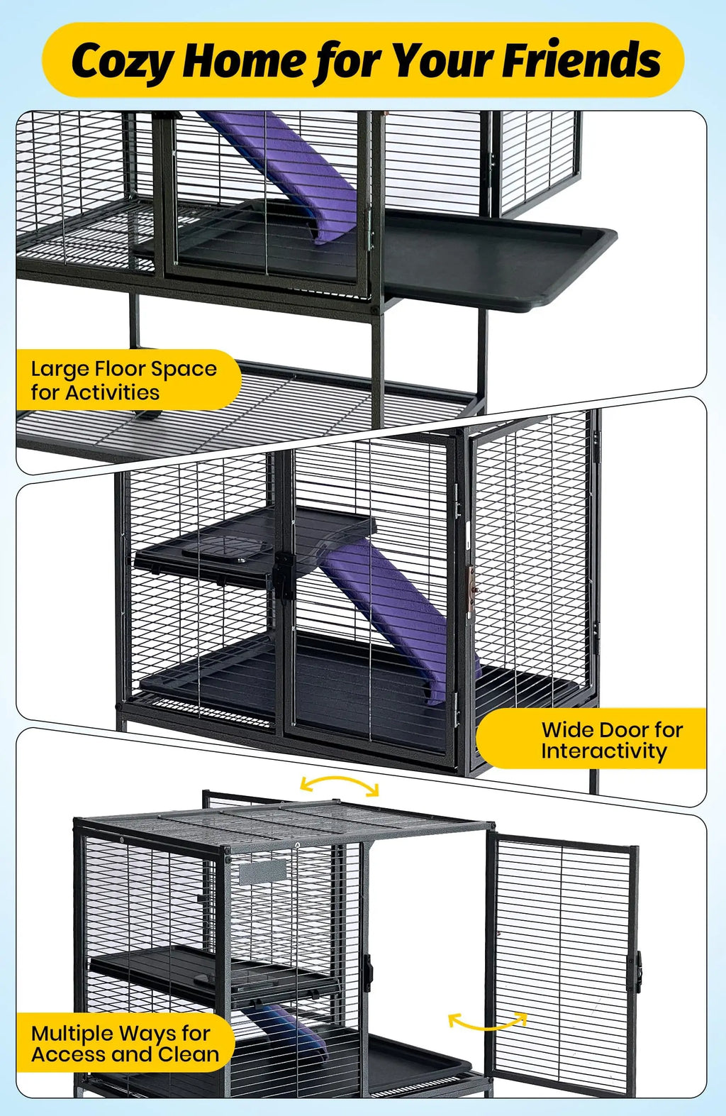 Multi-Level Metal Small Animal Cage Large Ferret Cage with Ramp Removable Tray & Storage Stand