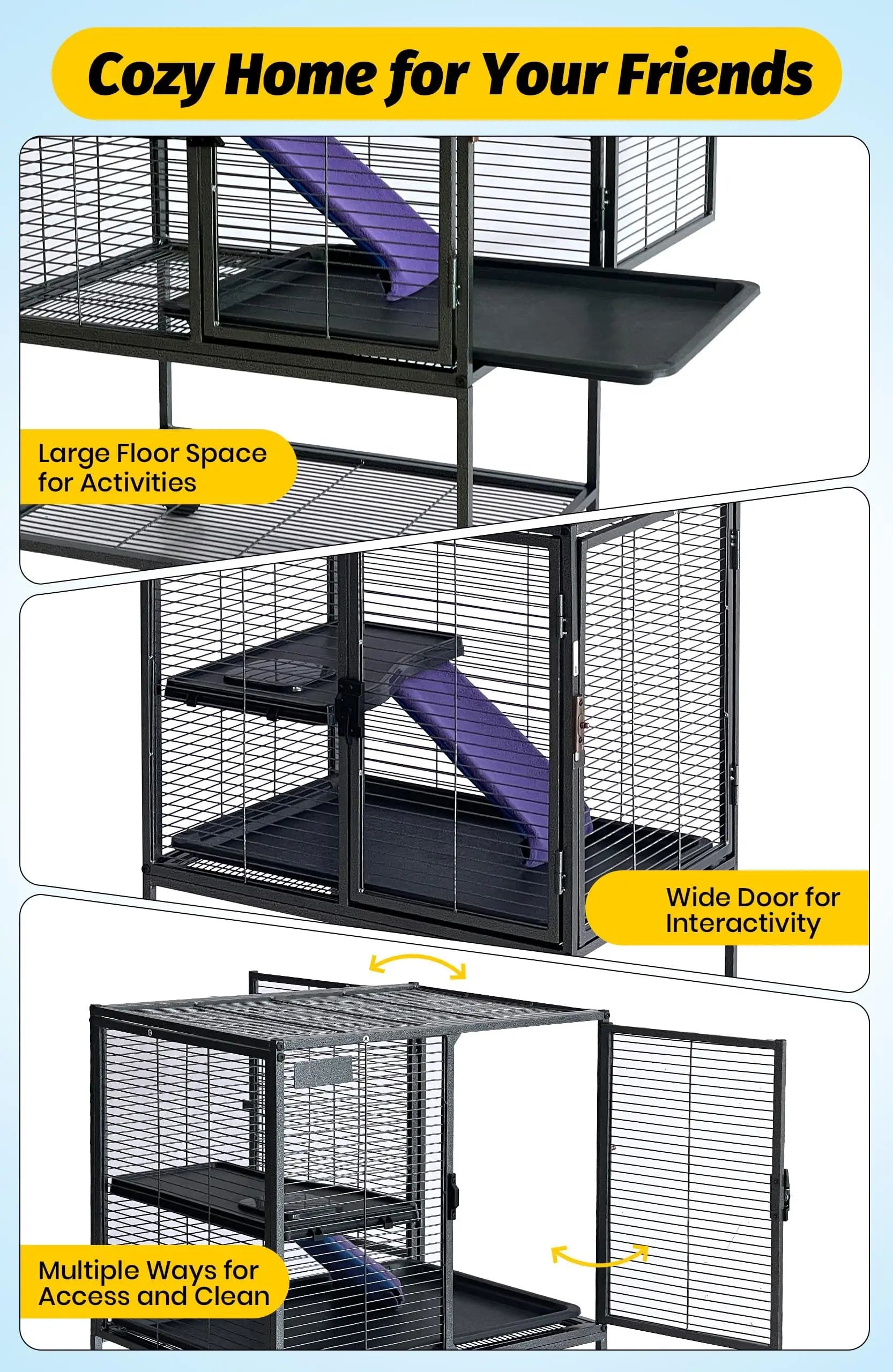 Multi-Level Metal Small Animal Cage Large Ferret Cage with Ramp Removable Tray & Storage Stand
